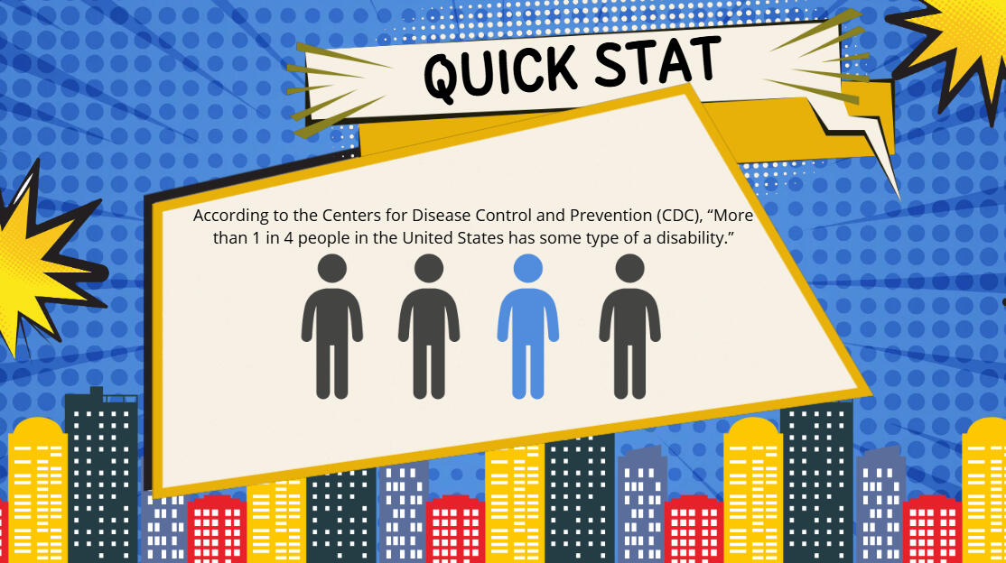 Accessibility in L&D A PowerPoint slide displaying a stat from the CDC saying, "More than 1 in 4 people in the U.S. have some type of a disability." An image of 4 people with 1 of the people in blue and the remaining 3 in black.